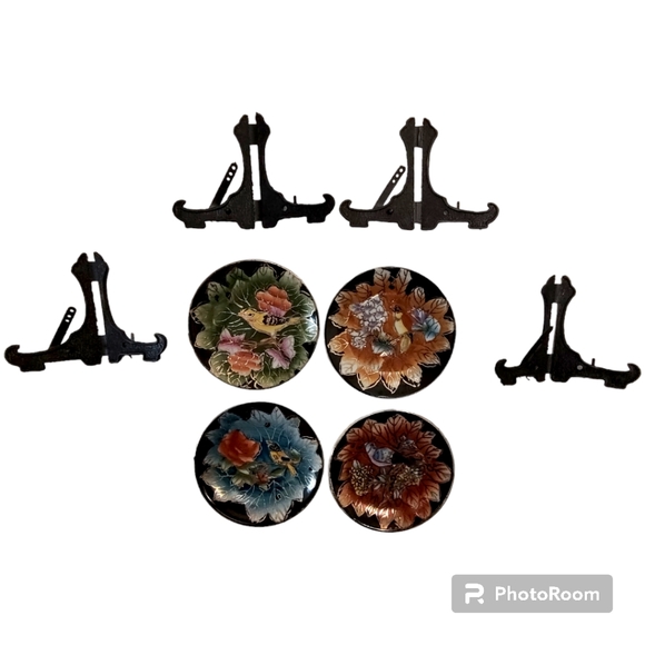 Vintage Floral Birds Set of 4 Mini Decorative Plates with Stands Hand Painted - Picture 6 of 10